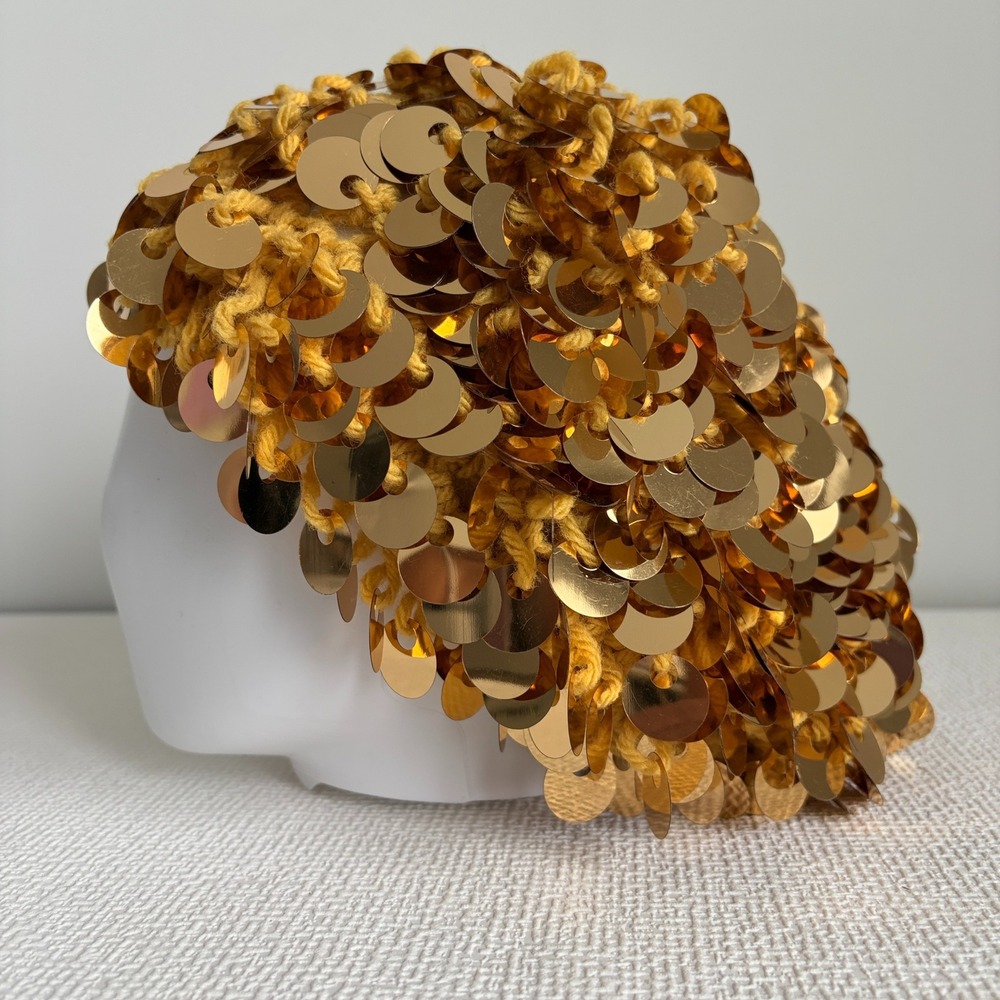 Vintage Beret Hat Gold Sequin Paillette Mustard Yellow OS